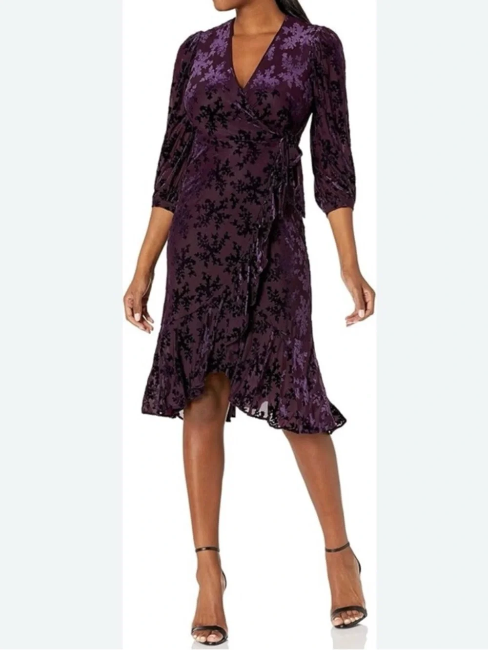 Calvin Klein Purple Velvet Burnout Wrap Midi Dress - Picture 1 of 10